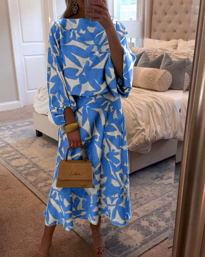 Set Dress Casual Printed Lantern Sleeves Temperament