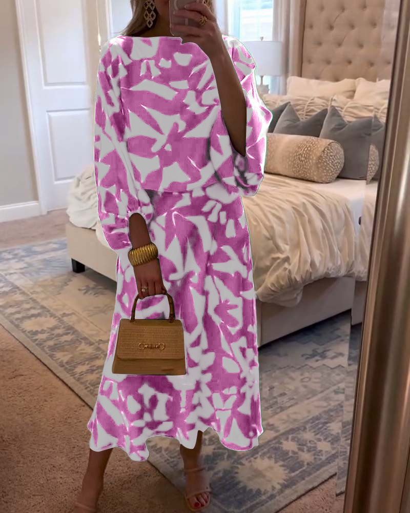 Set Dress Casual Printed Lantern Sleeves Temperament