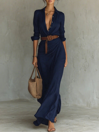 Long Belted Dress With Long Sleeves And Lapels