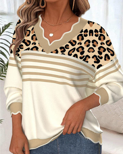 Leopard Print Contrast V-Neck Sweater