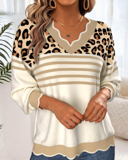 Leopard Print Contrast V-Neck Sweater