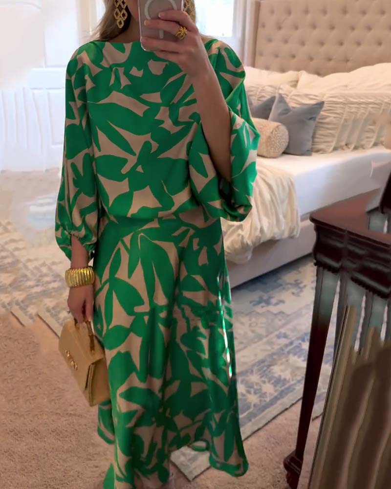 Set Dress Casual Printed Lantern Sleeves Temperament