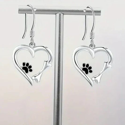 Yaritza™ – Silver Paw & Heart Drop Earrings