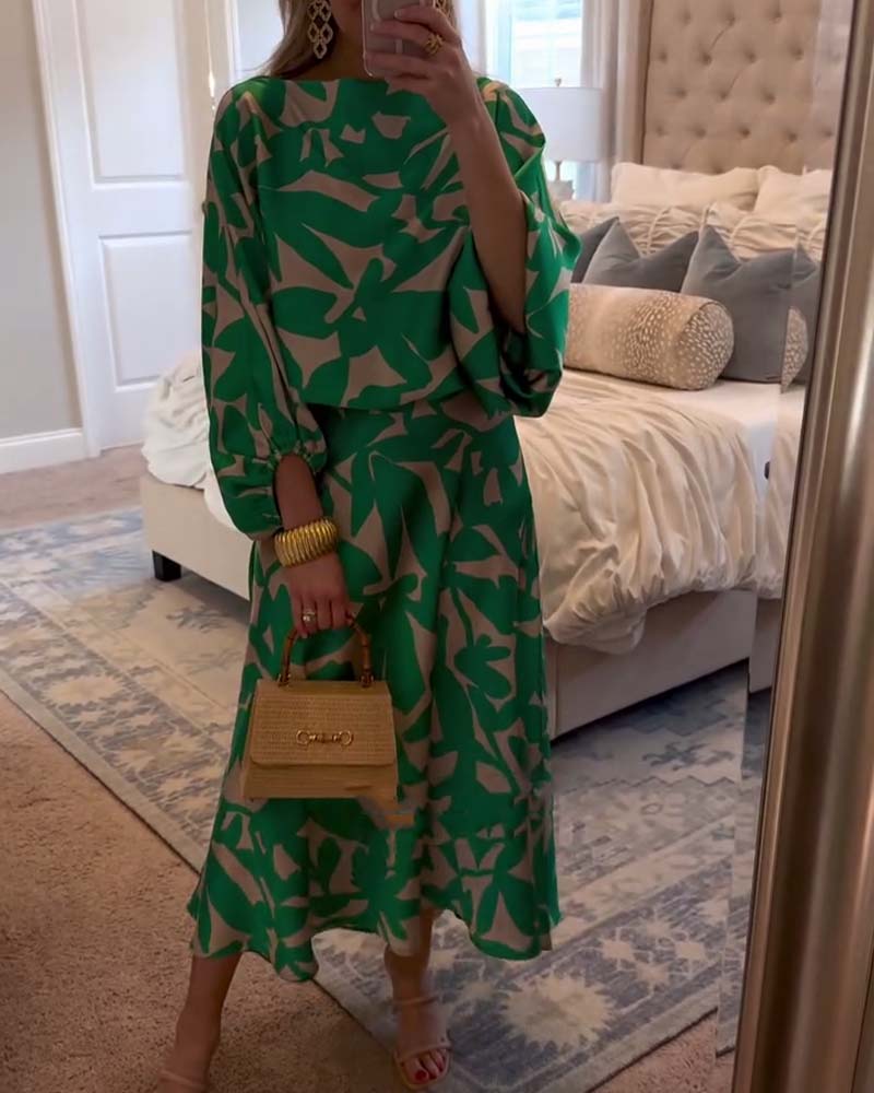 Set Dress Casual Printed Lantern Sleeves Temperament