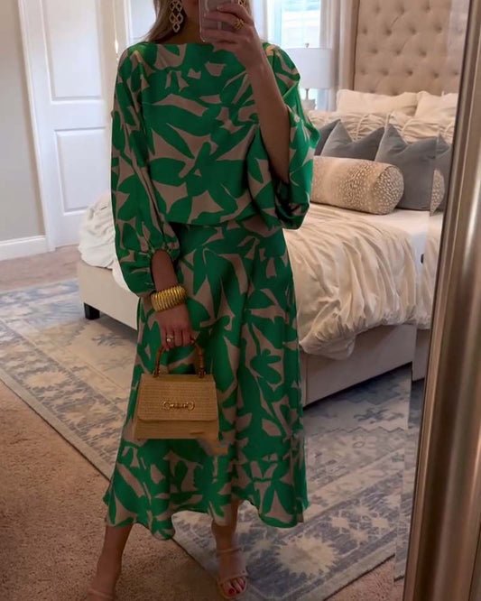 Set Dress Casual Printed Lantern Sleeves Temperament