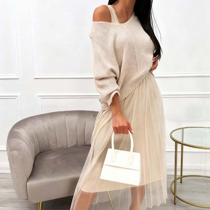 Elegant Knitted Sweater & Tulle Skirt Set