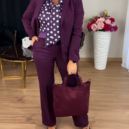 Two-Piece Set With Color Block – V-Neck Top With Puff Sleeves and Trousers